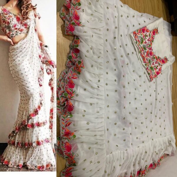 Beautiful Looking White Color Soft Georgette Ruffle Saree