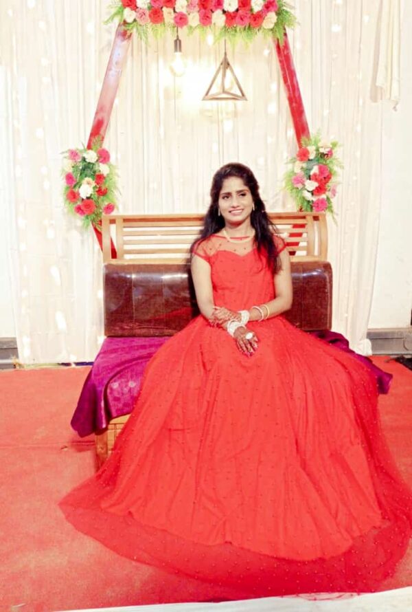 Fancy Red Color Soft Net Machine Embellish Pearl Work With Cancan Gown