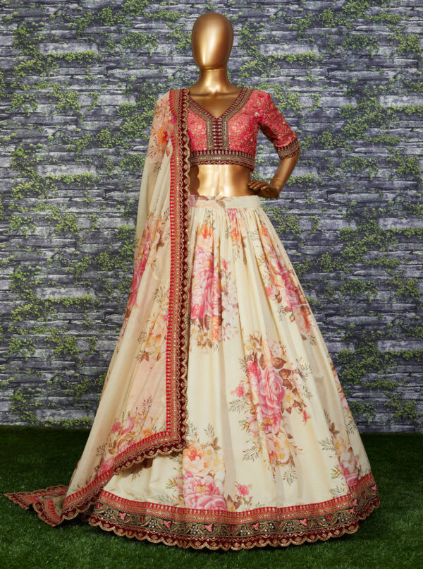 Sabyasachi Cream White Floral Printed Organza Bridal Lehenga Choli