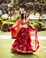 Sabyasachi Maroon Floral Printed Organza Bridal Lehenga Choli