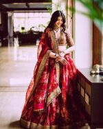 Sabyasachi Maroon Floral Printed Organza Bridal Lehenga Choli