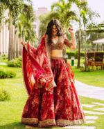 Sabyasachi Maroon Floral Printed Organza Bridal Lehenga Choli