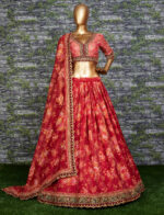 Sabyasachi Maroon Floral Printed Organza Bridal Lehenga Choli