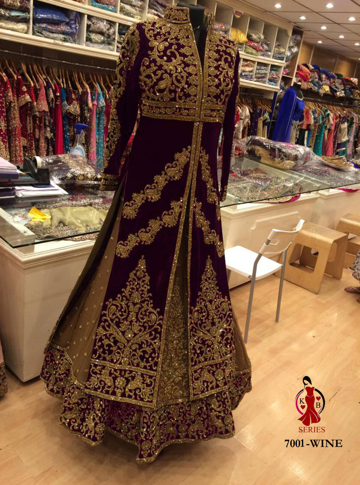 Stylish Wine Color Heavy Embroidery Front And Back Fancy Thread Work With Stone Work Long Skirt Suit