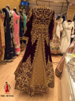 Stylish Wine Color Heavy Embroidery Front And Back Fancy Thread Work With Stone Work Long Skirt Suit