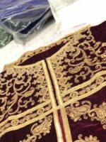 Stylish Wine Color Heavy Embroidery Front And Back Fancy Thread Work With Stone Work Long Skirt Suit