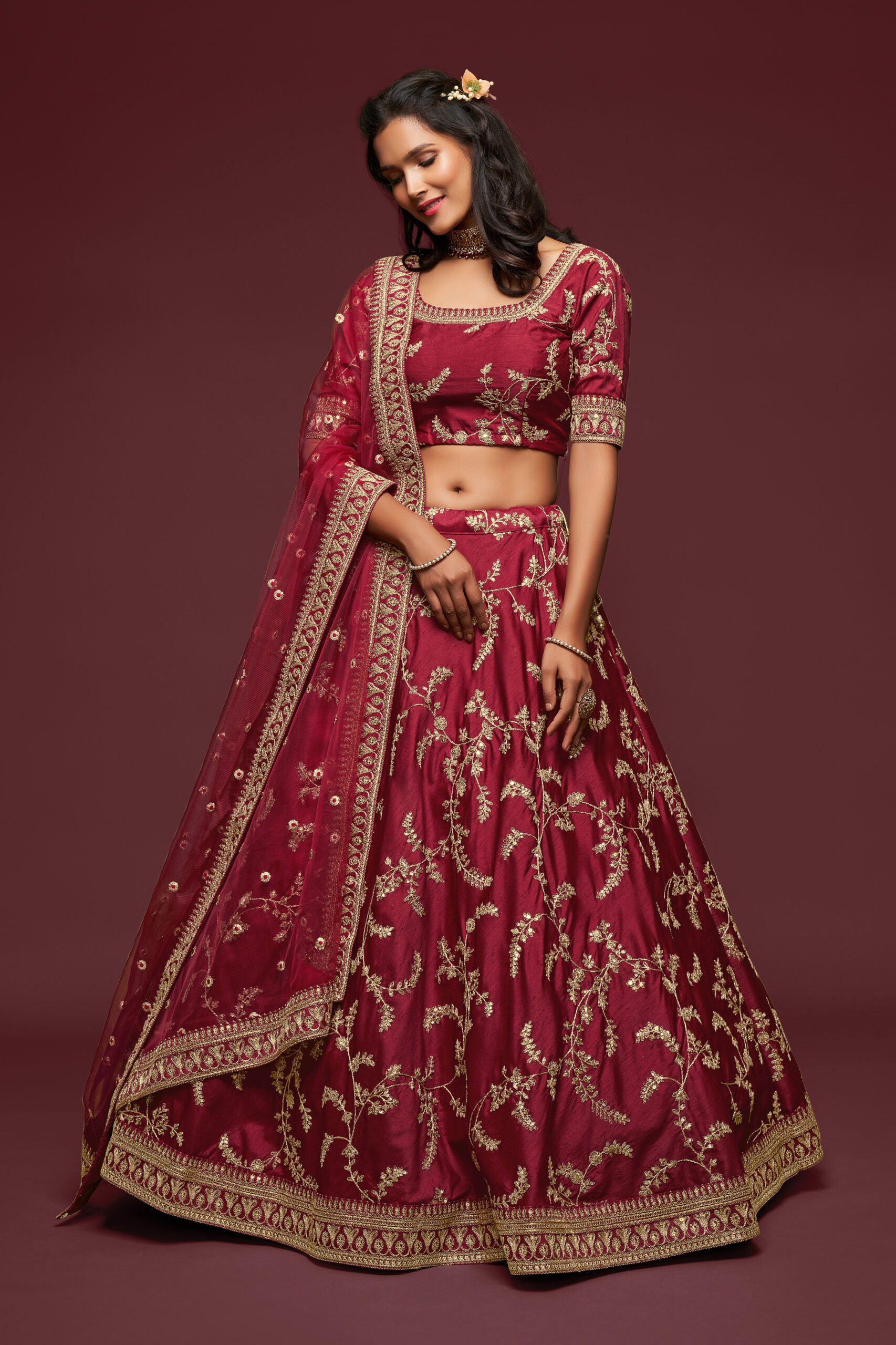 Maroon Art Silk Fabric Sequence Embroidery Work Lehenga