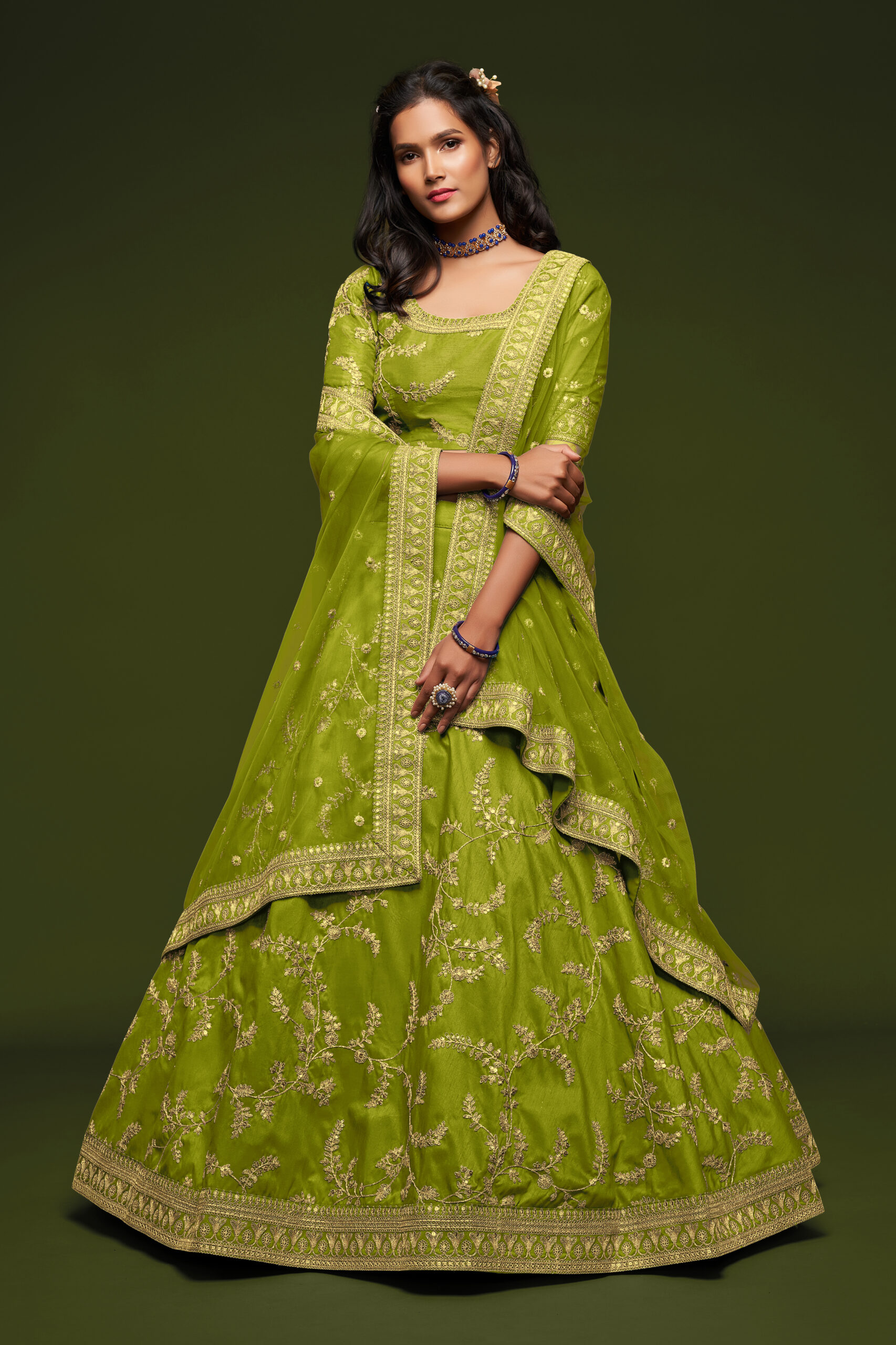 Neon Art Silk Fabric Sequence Embroidery Work Lehenga