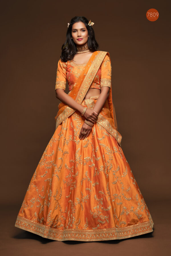 Orange Art Silk Fabric Sequence Embroidery Work Lehenga
