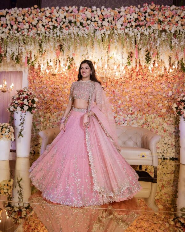 Stylish Beautiful Peach Soft Net With Heavy Sequence Work With Cancan Lehenga