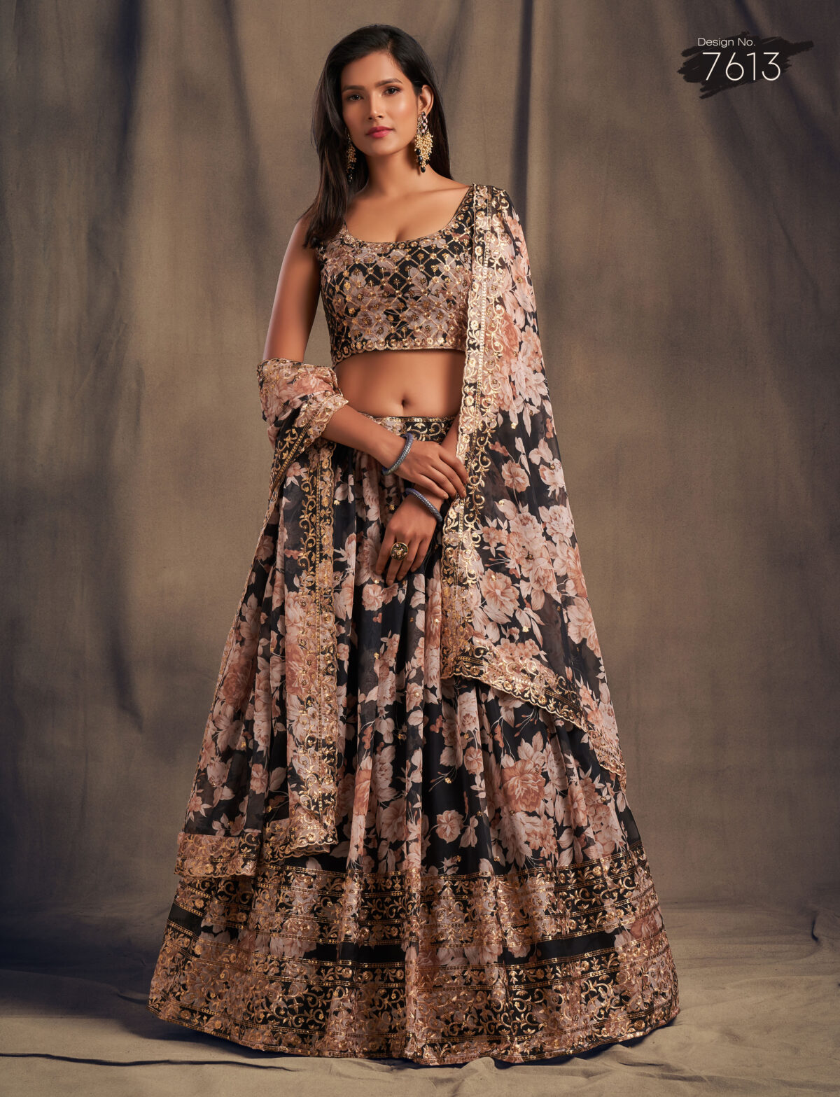 Rose Designer Black Color Organza Fabric Sequence Work Floral Print Lehenga
