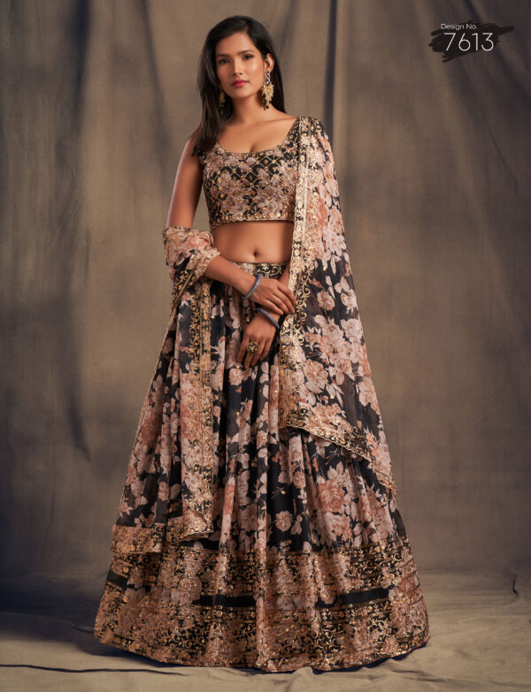 Rose Designer Black Color Organza Fabric Sequence Work Floral Print Lehenga