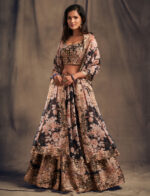 Rose Designer Black Color Organza Fabric Sequence Work Floral Print Lehenga
