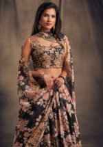 Rose Designer Black Color Organza Fabric Sequence Work Floral Print Lehenga