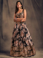 Rose Designer Black Color Organza Fabric Sequence Work Floral Print Lehenga