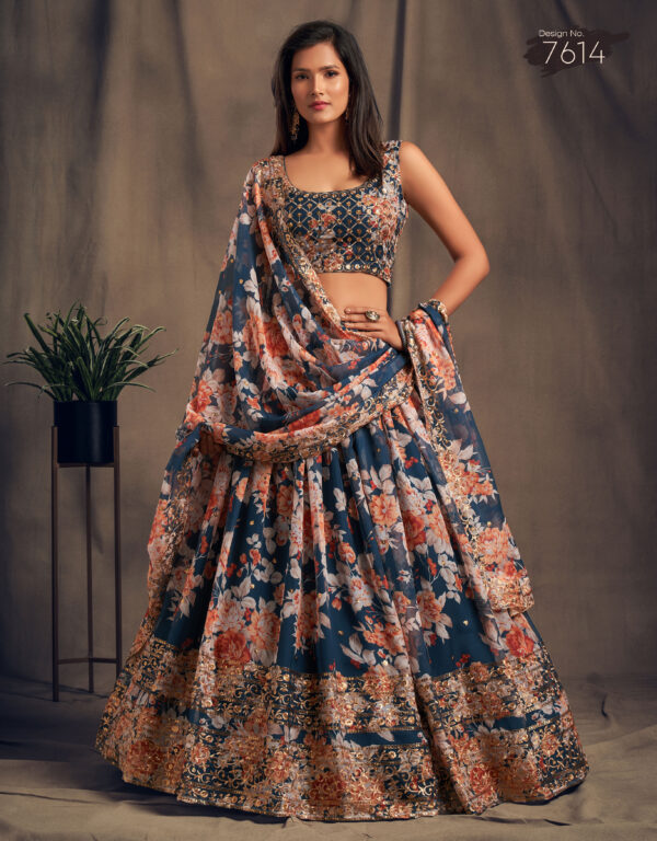 Rose Designer Dove Blue Color Organza Fabric Sequence Work Floral Print Lehenga