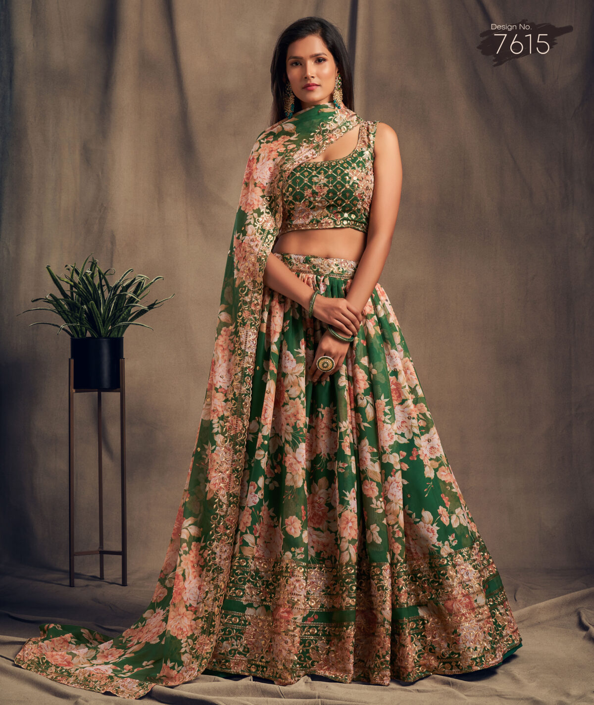 Rose Designer Green Color Organza Fabric Sequence Work Floral Print Lehenga