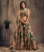 Rose Designer Green Color Organza Fabric Sequence Work Floral Print Lehenga
