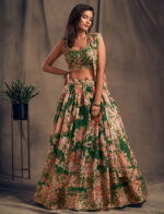 Rose Designer Green Color Organza Fabric Sequence Work Floral Print Lehenga