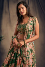 Rose Designer Green Color Organza Fabric Sequence Work Floral Print Lehenga