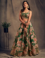 Rose Designer Green Color Organza Fabric Sequence Work Floral Print Lehenga