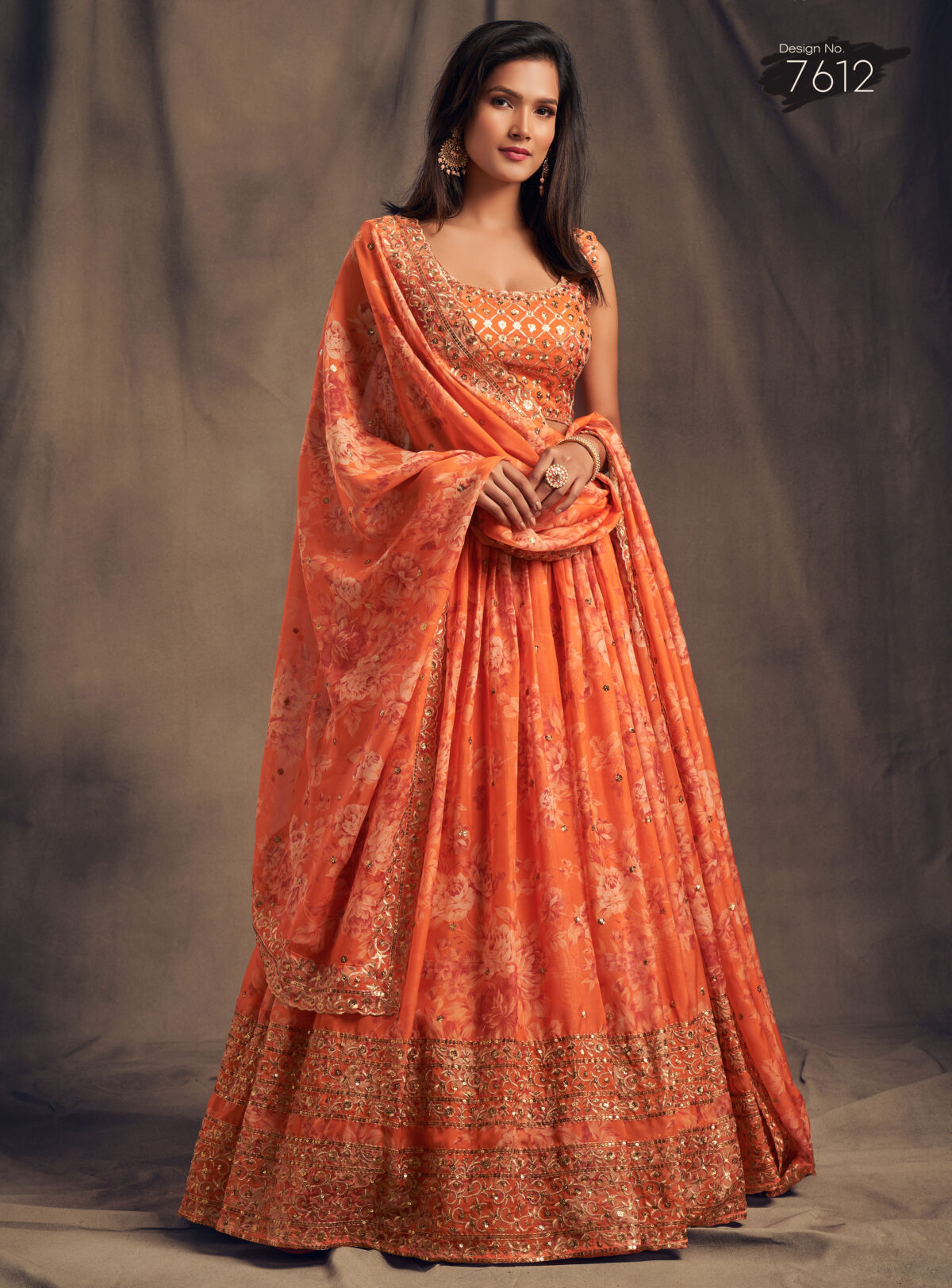 Rose Designer Orange Color Organza Fabric Sequence Work Floral Print Lehenga