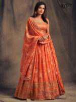 Rose Designer Orange Color Organza Fabric Sequence Work Floral Print Lehenga