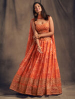 Rose Designer Orange Color Organza Fabric Sequence Work Floral Print Lehenga