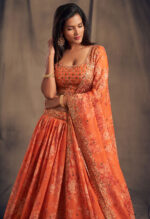 Rose Designer Orange Color Organza Fabric Sequence Work Floral Print Lehenga