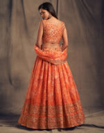 Rose Designer Orange Color Organza Fabric Sequence Work Floral Print Lehenga