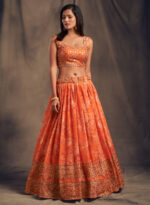 Rose Designer Orange Color Organza Fabric Sequence Work Floral Print Lehenga