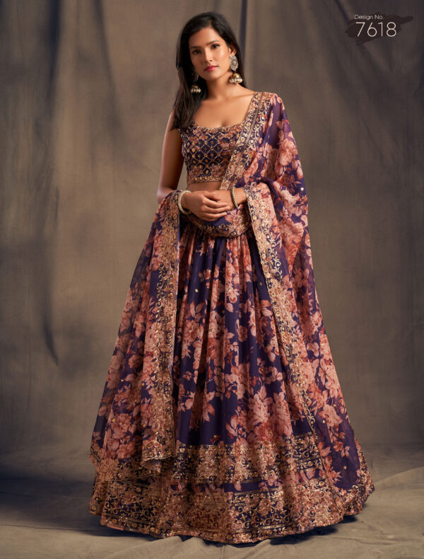 Rose Designer Purple Color Organza Fabric Sequence Work Floral Print Lehenga