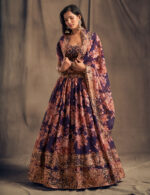 Rose Designer Purple Color Organza Fabric Sequence Work Floral Print Lehenga