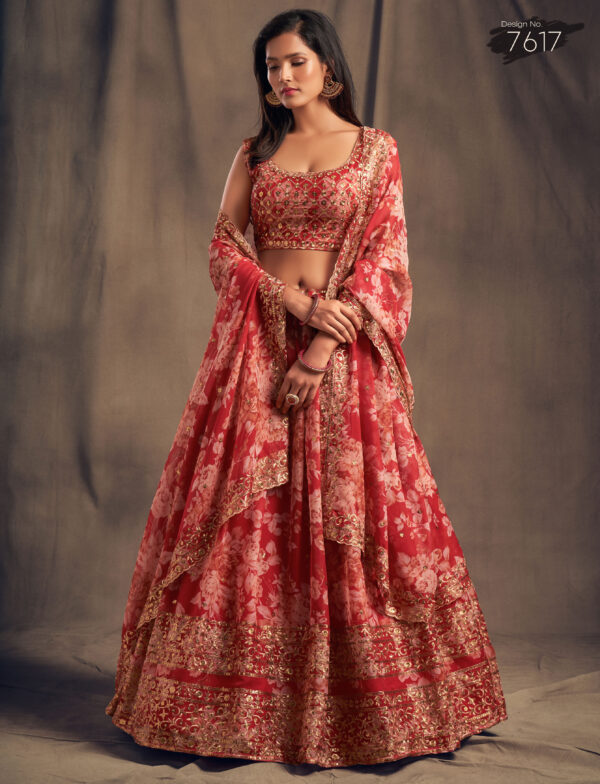 Rose Designer Red Color Organza Fabric Sequence Work Floral Print Lehenga