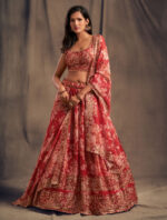 Rose Designer Red Color Organza Fabric Sequence Work Floral Print Lehenga