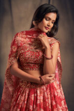 Rose Designer Red Color Organza Fabric Sequence Work Floral Print Lehenga