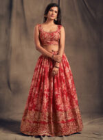 Rose Designer Red Color Organza Fabric Sequence Work Floral Print Lehenga