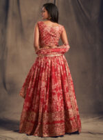 Rose Designer Red Color Organza Fabric Sequence Work Floral Print Lehenga