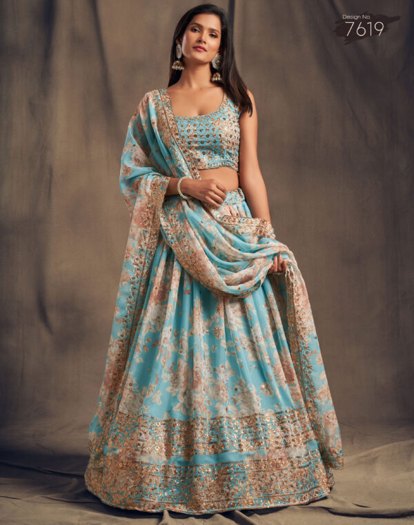 Rose Designer Sky Blue Color Organza Fabric Sequence Work Floral Print Lehenga
