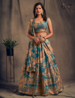 Rose Designer Teal Blue Color Organza Fabric Sequence Work Floral Print Lehenga