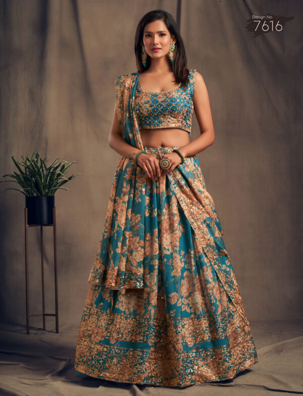 Rose Designer Teal Blue Color Organza Fabric Sequence Work Floral Print Lehenga