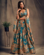 Rose Designer Teal Blue Color Organza Fabric Sequence Work Floral Print Lehenga