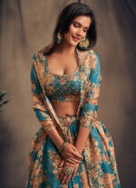Rose Designer Teal Blue Color Organza Fabric Sequence Work Floral Print Lehenga