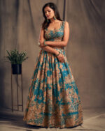 Rose Designer Teal Blue Color Organza Fabric Sequence Work Floral Print Lehenga