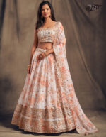 Rose Designer White Color Organza Fabric Sequence Work Floral Print Lehenga