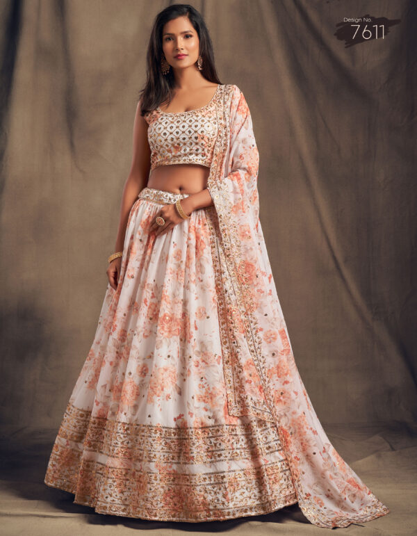 Rose Designer White Color Organza Fabric Sequence Work Floral Print Lehenga