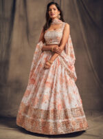 Rose Designer White Color Organza Fabric Sequence Work Floral Print Lehenga