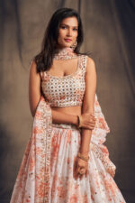 Rose Designer White Color Organza Fabric Sequence Work Floral Print Lehenga