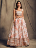 Rose Designer White Color Organza Fabric Sequence Work Floral Print Lehenga