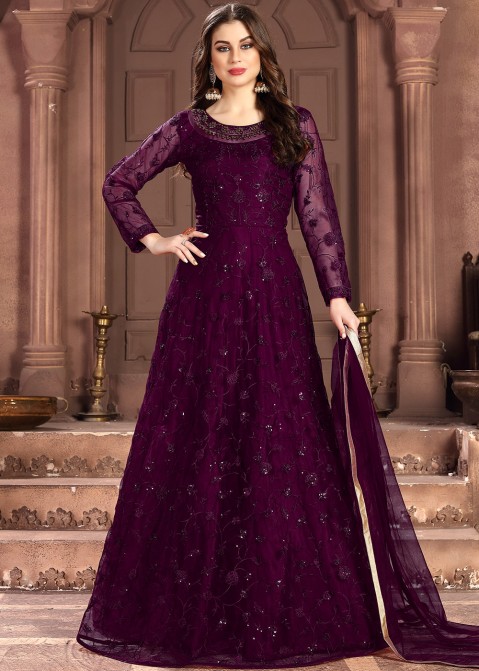 Super Cool Wine Color Heavy Chain Embroidery Work With Stone Work Gown